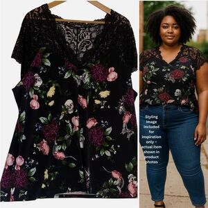 NWT Torrid Plus Size 3 (22/24) SS Black Purple Skull Floral Lace Top